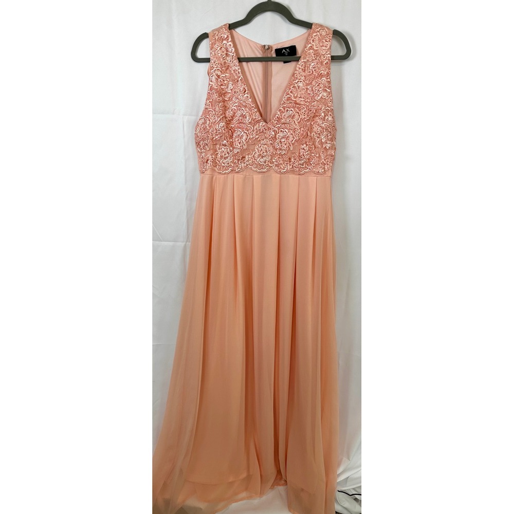 AX Paris Women Peach Lace Bodice Chiffon Maxi Dress V-Neck Formal Gown Size 14